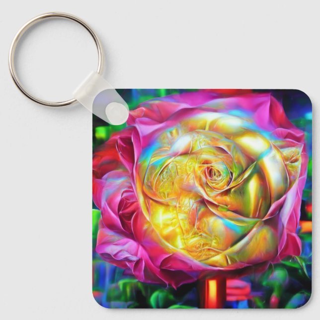 Porte-clés Rose arc-en-ciel psychédélique (Recto)