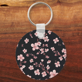 Porte-clés Rose bébé tendre Mini motif Sakura sur fond noir -