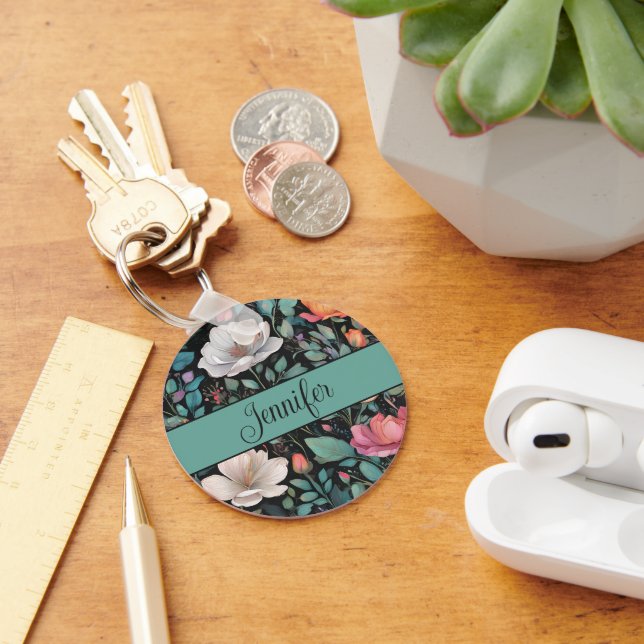 Porte-clés Rose blanche élégante personnalisée (Bureau)