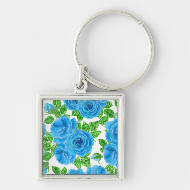 Porte-clés Rose bleu aquarelle motif transparent (Devant)