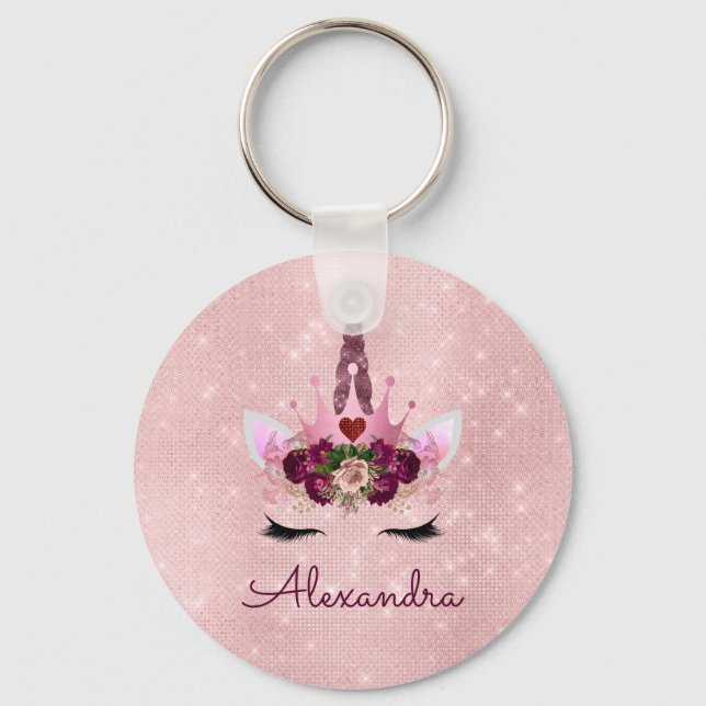 Porte-clés Rose Bleu - Rose Gold Princess Unicorn Monogramme (Recto)