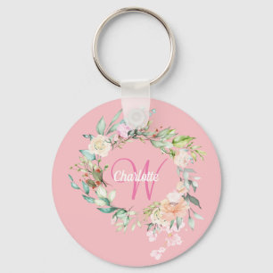 Porte-clés Rose Floral Initial Script Monogramme rose