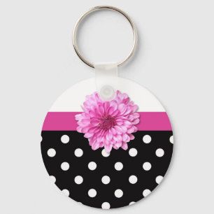 Porte-clés Rose floral noir blanc pois girly