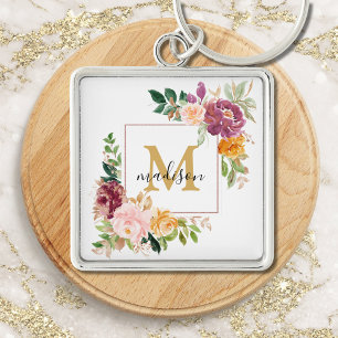 Porte-clés Rose florale botanique élégante à l'aquarelle mono