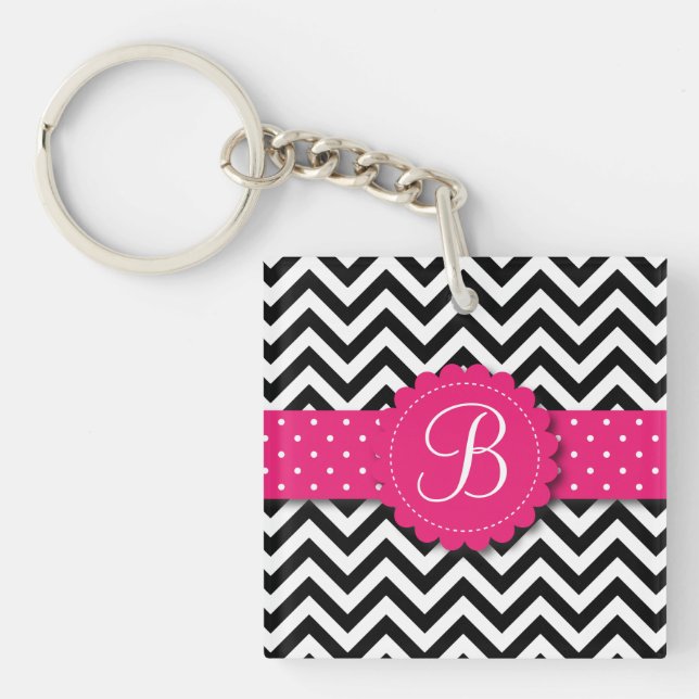 Porte-clés Rose Girly de monogramme blanc noir élégant de (Devant)