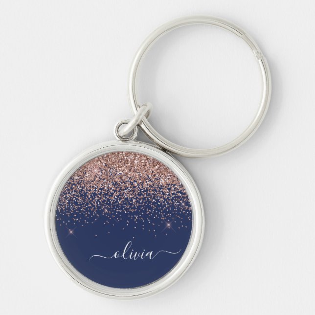 Porte-clés Rose Gold Bleu Marine Paillettes Rose Blush Monogr (Devant)