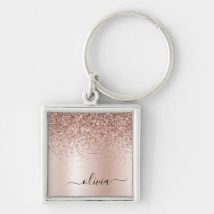 Porte-clés Rose Gold - Blush Pink Glitter Metal Monogram Name