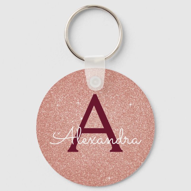 Porte-clés Rose Gold Burgundy Glitter & Étincelle Monogramme (Recto)