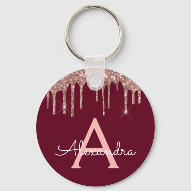 Porte-clés Rose Gold Burgundy Glitter Monogramme Rose (Recto)