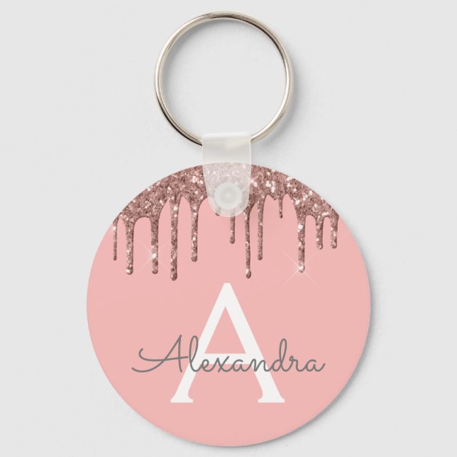 Porte-clés Rose Gold Faux Pailleté Monogramme Rose (Recto)