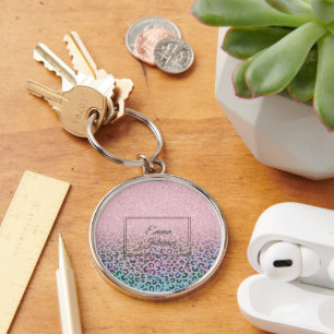 Porte-clés Rose Gold Iridescent Pailleté Imprimé Léopard Élég