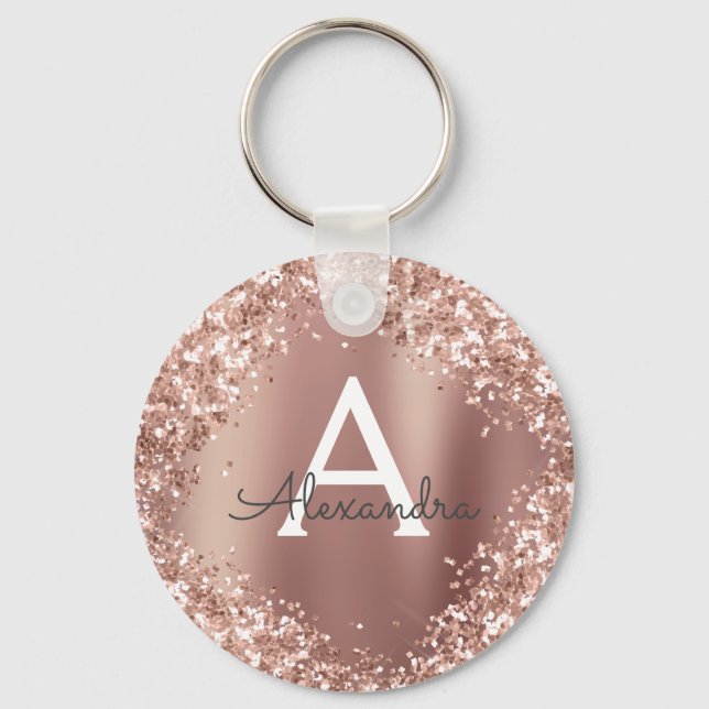 Porte-clés Rose Gold Pailleté Monogramme Rose Foncé (Recto)