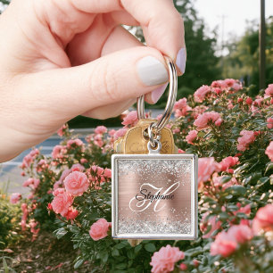 Porte-clés Rose Gold Paillettes Argent Monogramme Fantaisie
