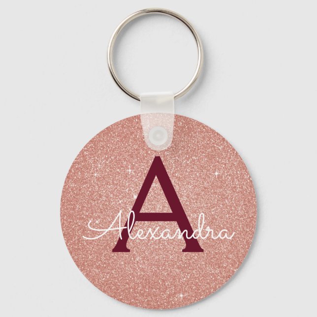 Porte-clés Rose Gold Rose Bourgogne Paillettes & Monogramme s (Recto)