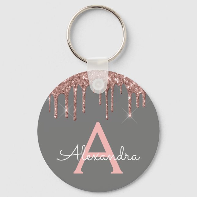 Porte-clés Rose Gold Rose Charbon Glitter Monogramme (Recto)