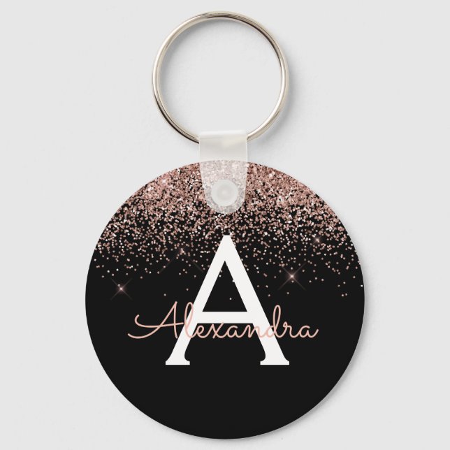 Porte-clés Rose Gold Rose Noir Paillettes Monogramme (Recto)