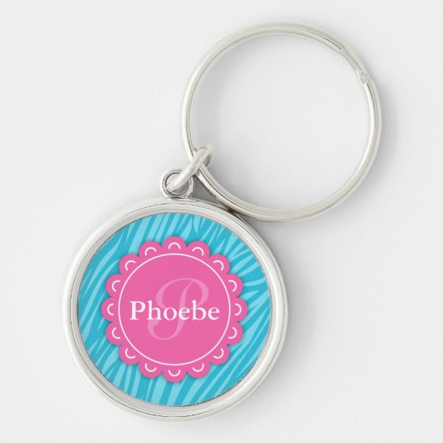 Porte-clés Rose Moderne Fleur Monogramme Aqua Blue Zebra Impr (Devant)