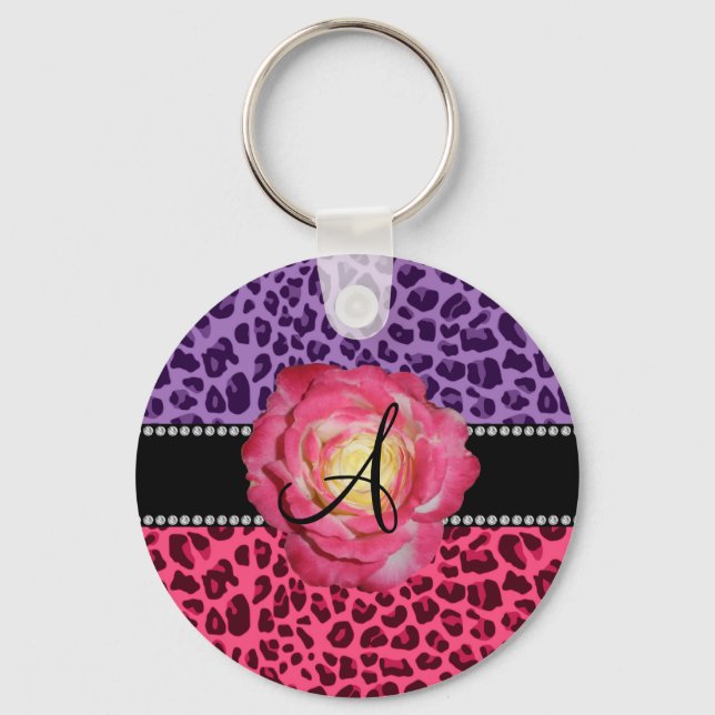 Porte-clés Rose motif rose monogramme et violet léopard (Recto)