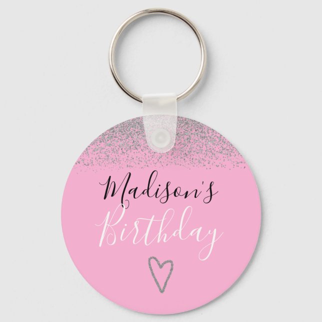 Porte-clés Rose Pailleté Argent Anniversaire Fille (Recto)