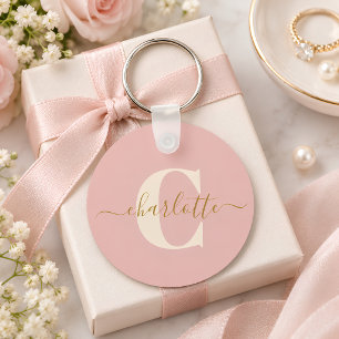 Porte-clés Rose Pâle Or Monogramme Nom Écriture Personnalisé