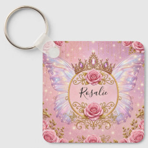 Porte-clés Rose papillon de fée princesse florale rose et or
