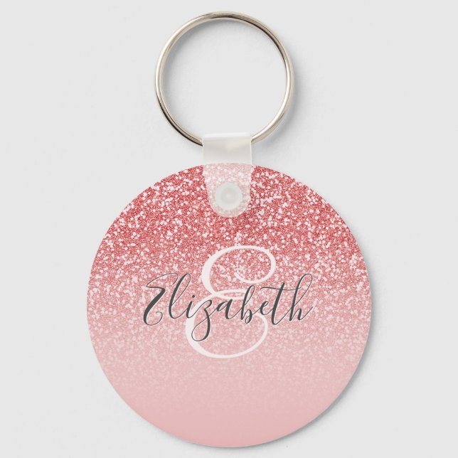 Porte-clés Rose Parties scintillant or Blush Ombre Monogram (Recto)