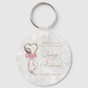 Porte-clés Rose Romantique, Cœur Doré & Ruban Rose