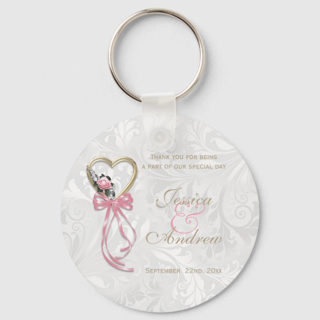 Porte-clés Rose Romantique, Cœur Doré & Ruban Rose (Recto)