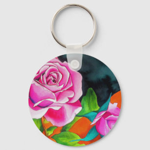 Porte-clés Rose rose avec aquarelle orange