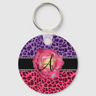 Porte-clés Rose rose et pourpre de monogramme de léopard de