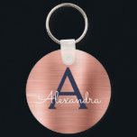 Porte-clés Rose Rose or Marine bleu acier inoxydable Monogram<br><div class="desc">Rose Rose Or et Navy Blue Faux Acier Inoxydable Metallic Elegant Porte - clé. Ces Porte - clés peuvent être customisés pour inclure votre nom initial et prénom. Ces porte - clés fêtent un grand anniversaire,  une douche nuptiale ou une fête de bachelorette.</div>