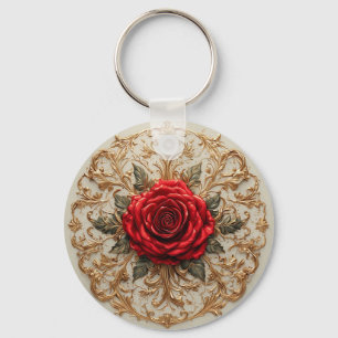 Porte-clés Rose Rouge Élégante avec Motif Floral Orné en Or