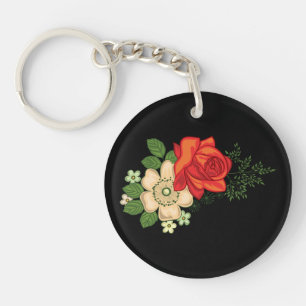 Porte-clés Rose rouge et marguerites sur fond noir