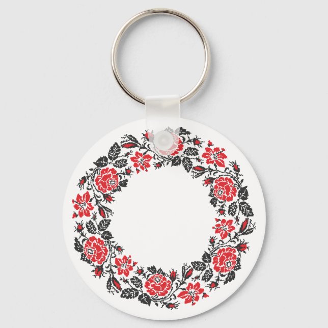 Porte-clés Rose rouge et noir Motif de point de croix (Recto)