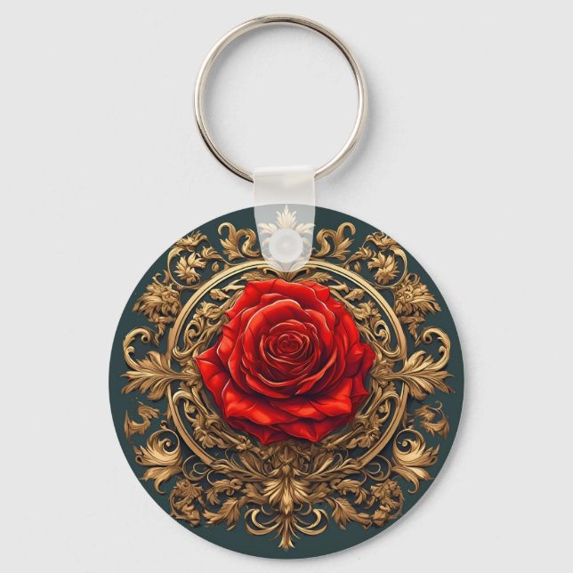 Porte-clés Rose rouge ornée avec cadre baroque doré (Recto)