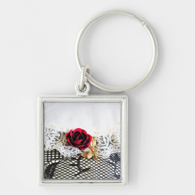 Porte-clés Rose rouge romantique et dentelle blanche (Devant)