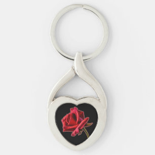 Porte-clés Rose rouge tordu de coeur sur le porte - clé noir