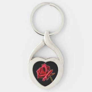Porte-clés Rose rouge tordu de coeur sur le porte - clé noir
