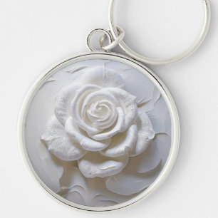 Porte-clés Rose Sculptée - Blanc sur Blanc
