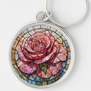 Porte-clés Rose Vibrante en Fleur Entourée de Détails Ornés