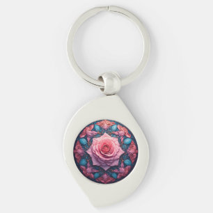 Porte-clés Rose Vibrante en Fleur Entourée de Détails Ornés