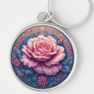 Porte-clés Rose Vibrante en Fleur Entourée de Détails Ornés