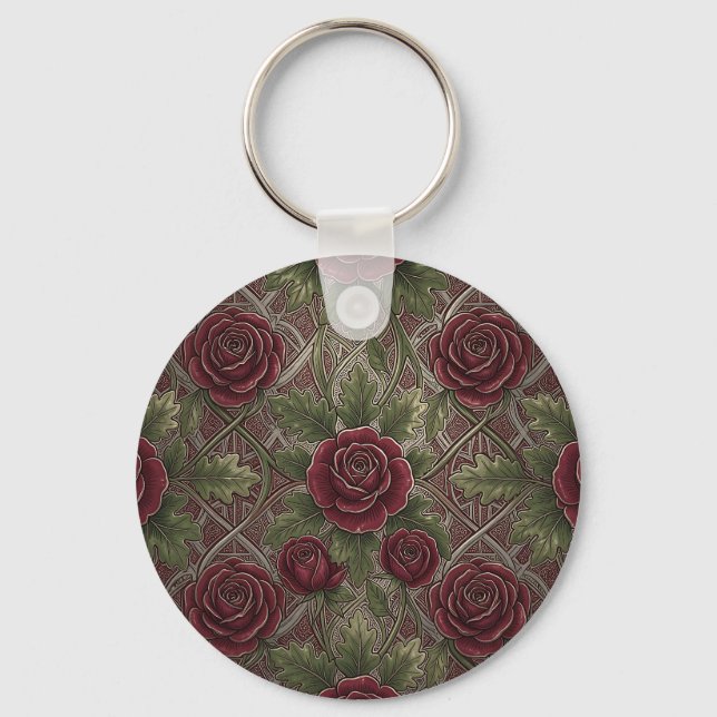 Porte-clés Roses bordeaux rouge profond Treillis orné vert  (Recto)
