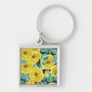 Porte-clés Roses d'aquarelle jaune avec feuilles et pattes de