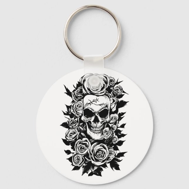 Porte-clés Roses du crâne humain Goth Dessin original à l'enc (Recto)