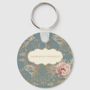 Porte-clés Roses en Damas doré Élégant Chic