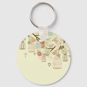 Porte-clés Roses romantiques, oiseaux, cages à oiseaux, cru