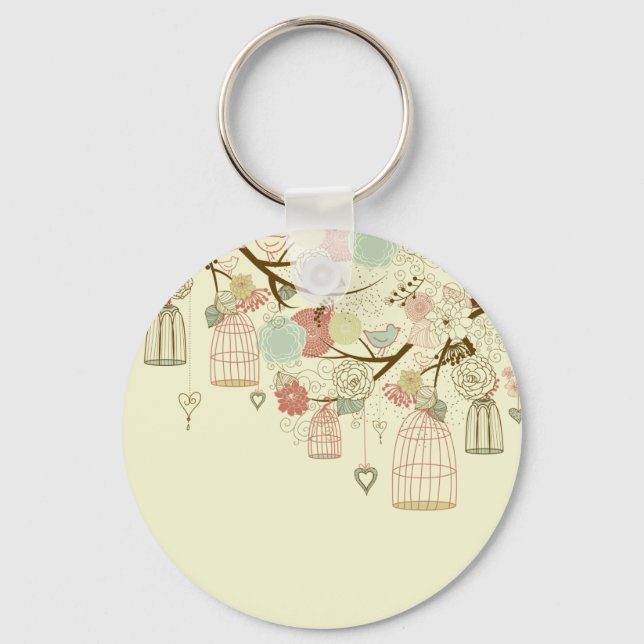 Porte-clés Roses romantiques, oiseaux, oiseaux, cages d'oisea (Recto)