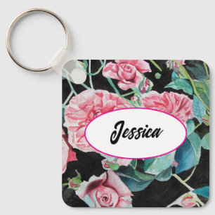 Porte-clés Roses roses Fleur Aquarelle Roses Clé noire anneau