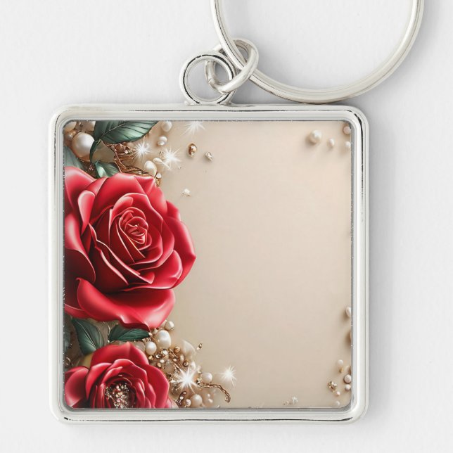 Porte-clés Roses Rouges Élégantes Avec Ornements Dorés (Devant)
